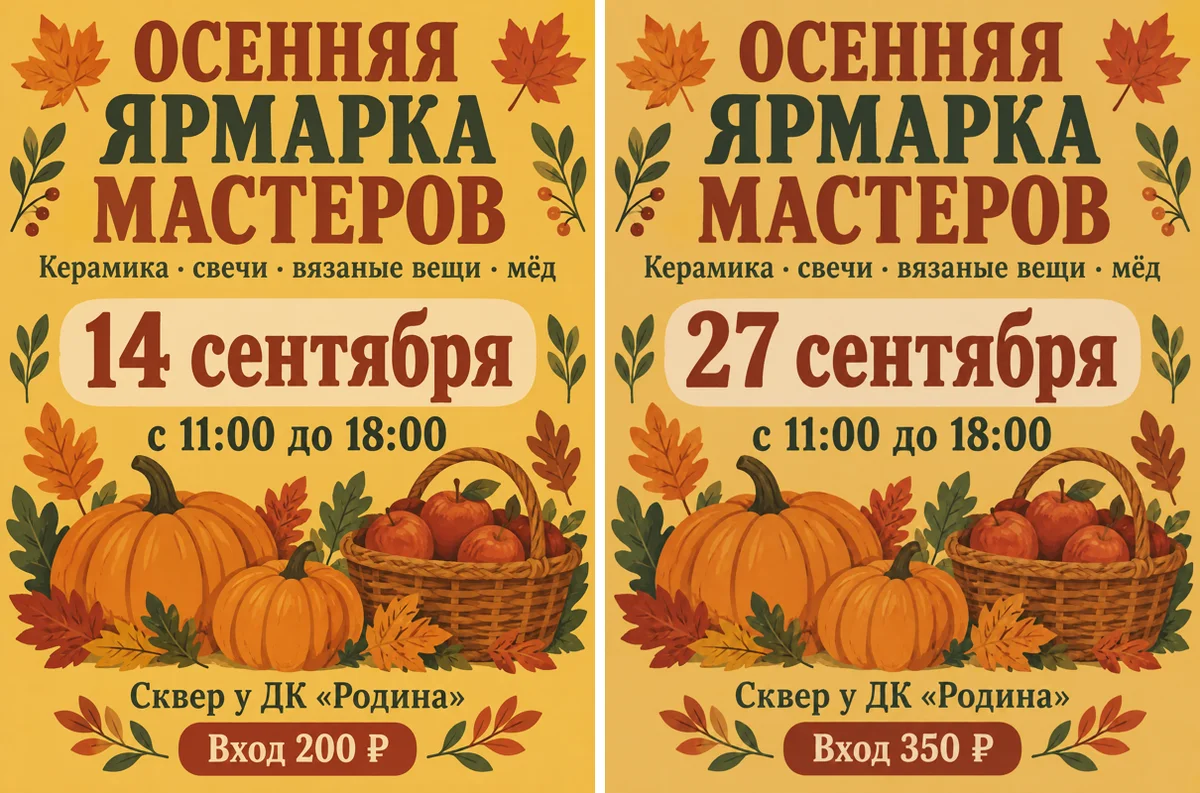 Осенняя афиша до и после правки: дата 14 сентября стала 27 сентября, вход 200 ₽ стал 350 ₽