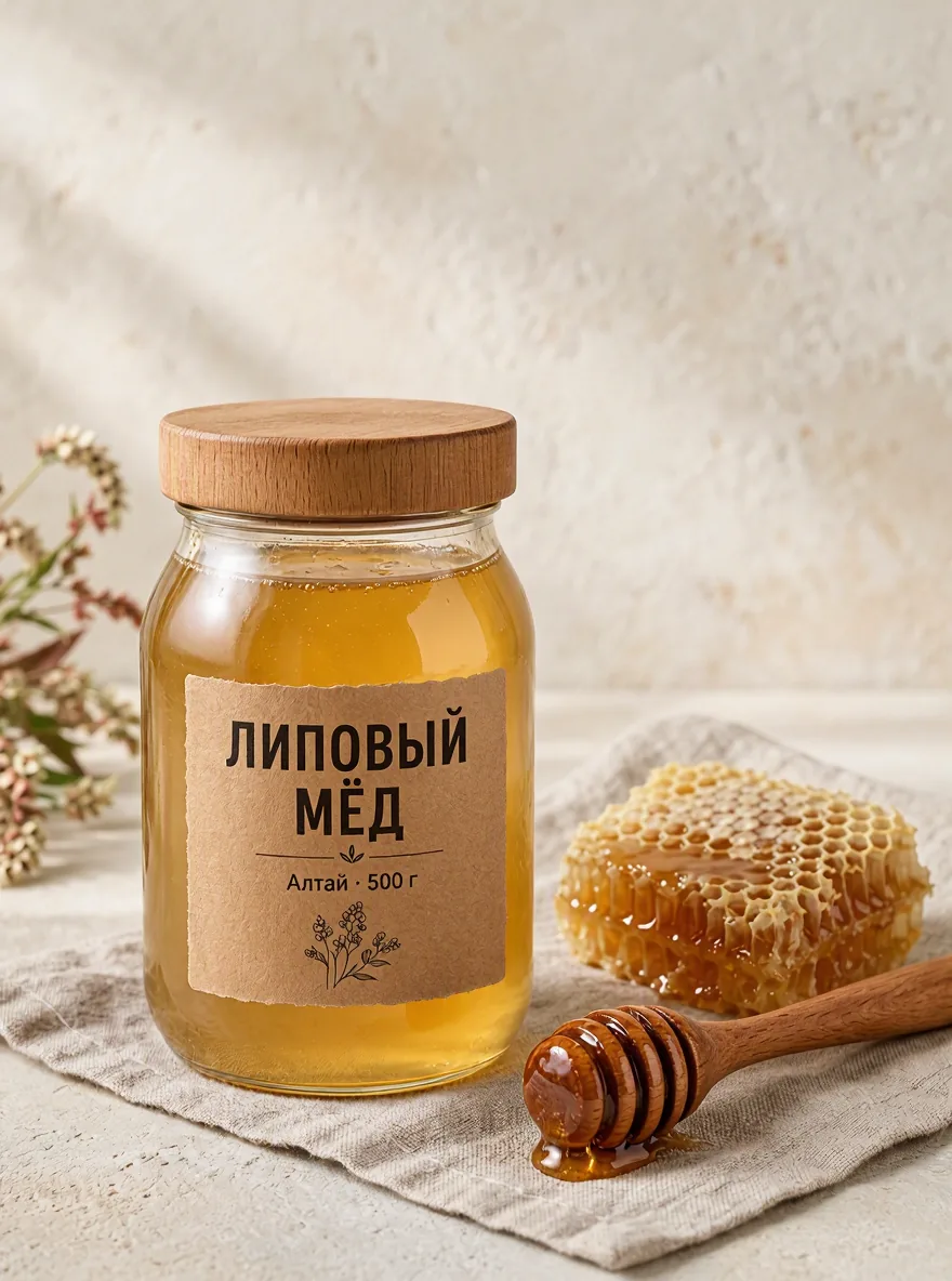Та же банка со светлым мёдом и надписью «ЛИПОВЫЙ МЁД», ложка, соты и салфетка на прежних местах