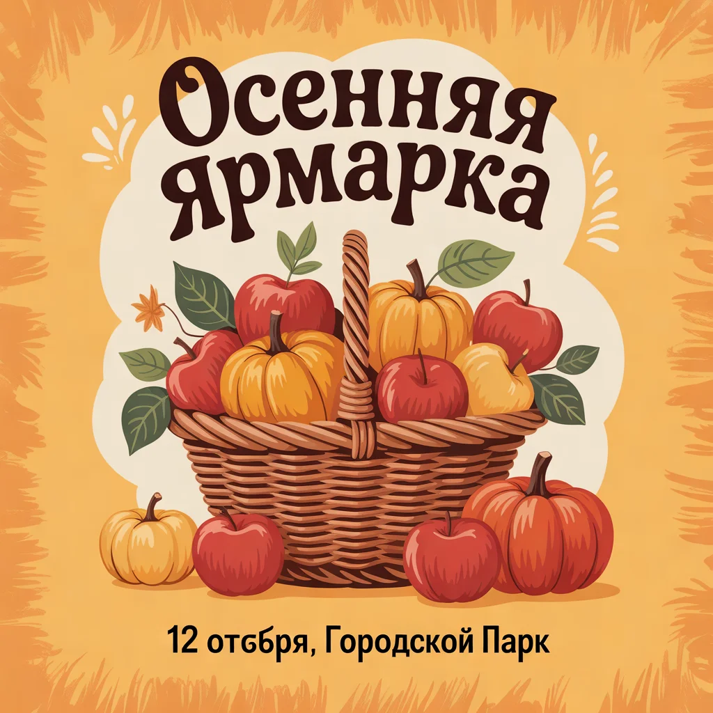 Та же афиша в рамке из мазков, заголовок «Осенняя ярмарка» верный, внизу «12 отбря, Городской Парк»