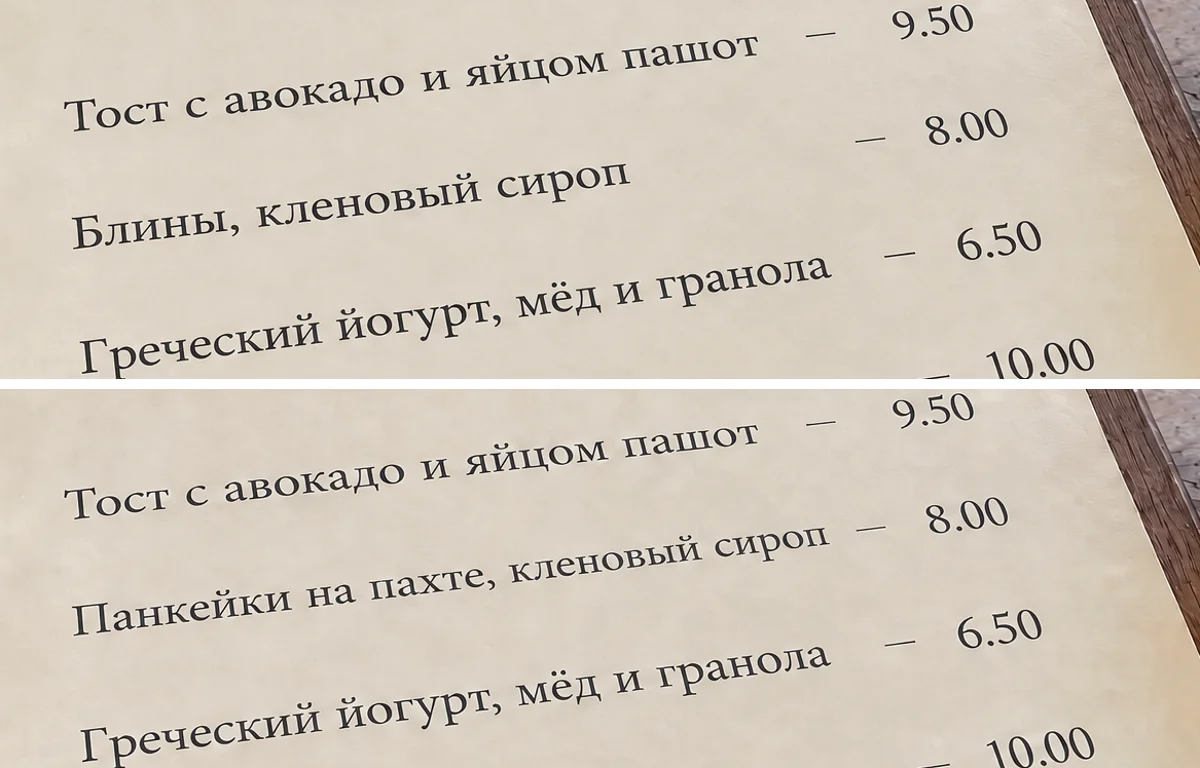 Строка меню до и после второй правки: «Блины» заменены на «Панкейки на пахте»