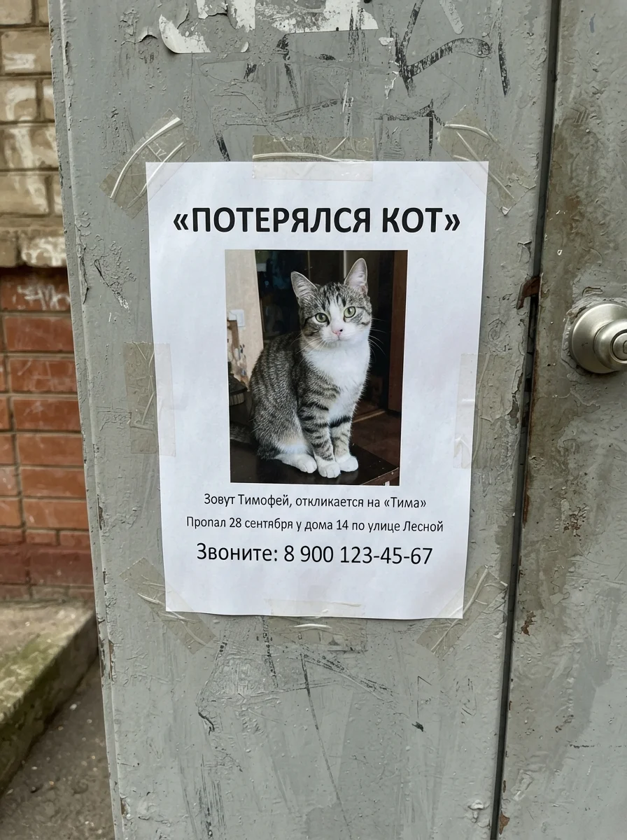 Объявление «Потерялся кот» с фото полосатого кота на серой двери подъезда