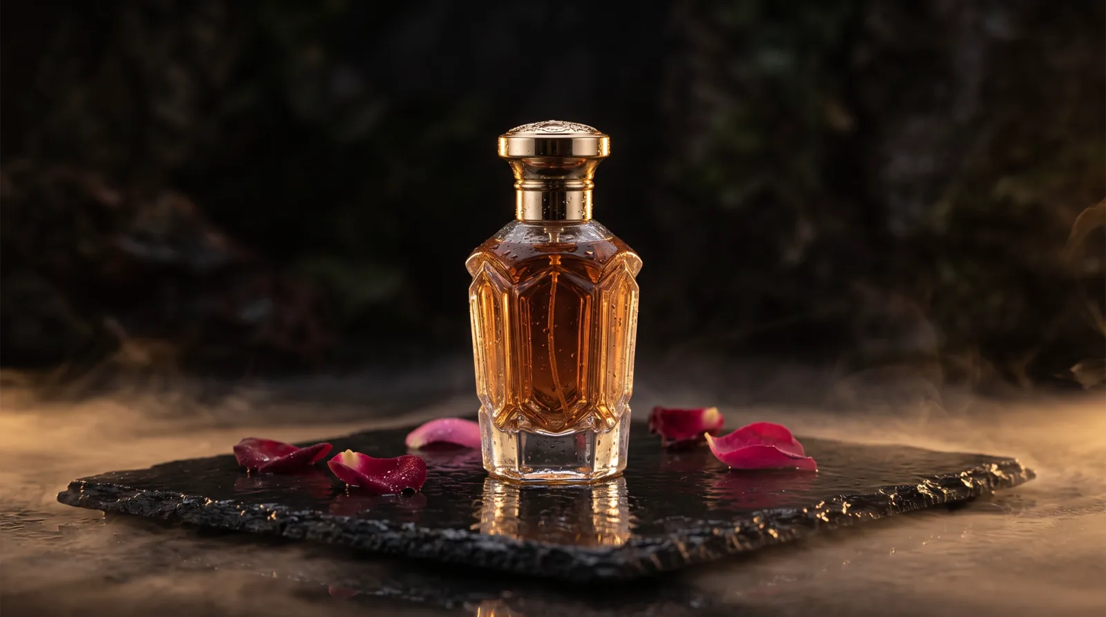 Флакон духов на мокром чёрном камне среди лепестков роз, исходник для живого фото