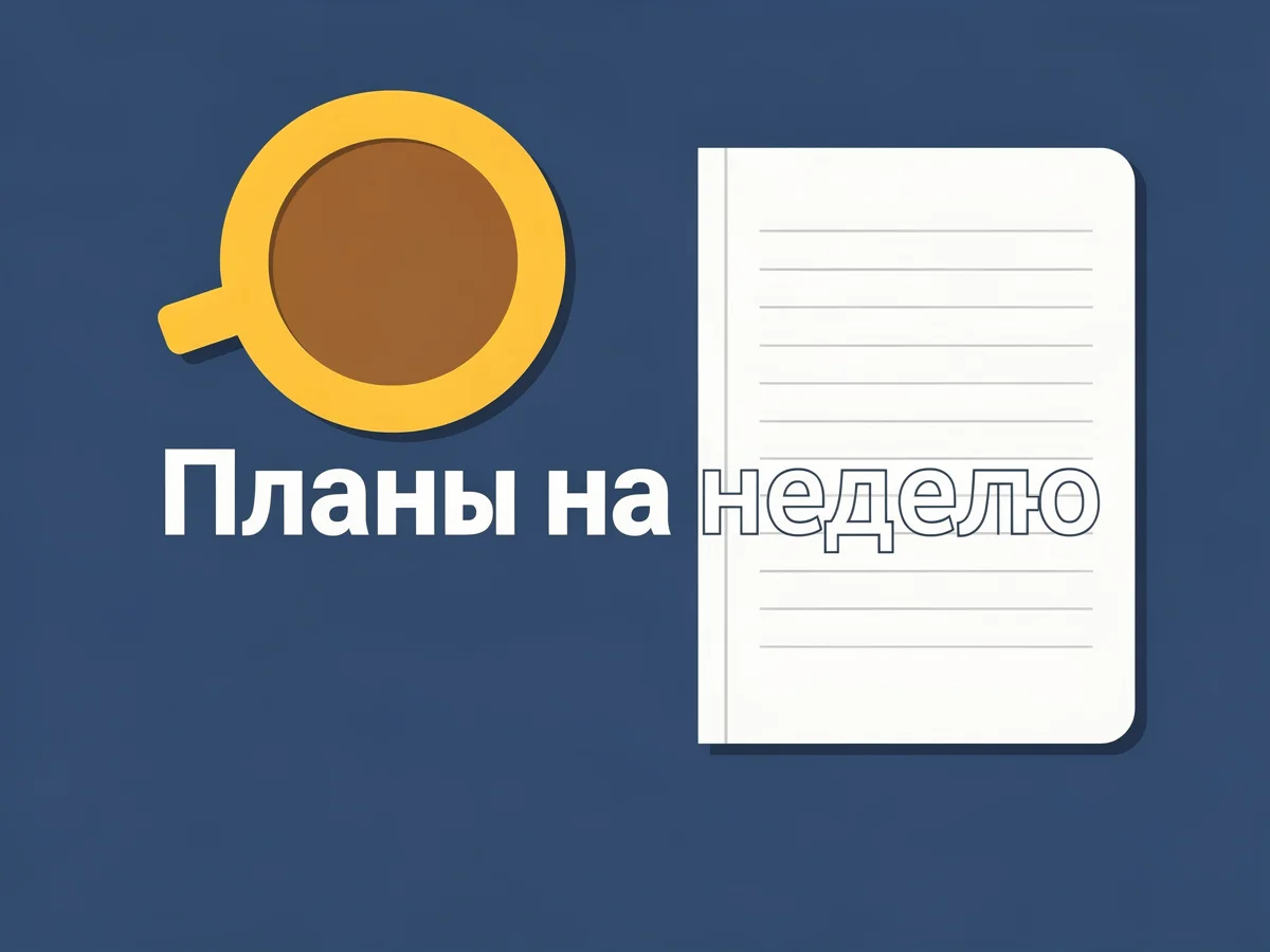 Та же обложка на тёмно-синем фоне, слово «неделю» заехало на блокнот и стало контурным
