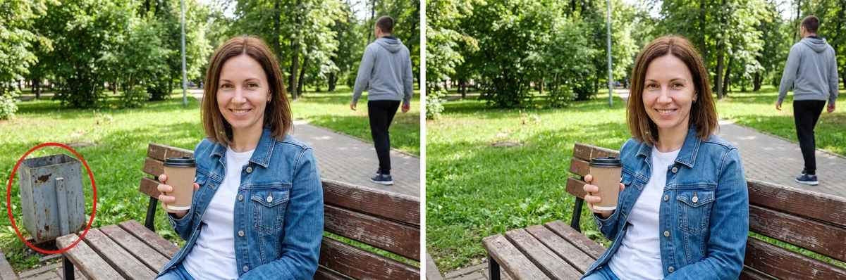 Слева урна в красном овале, справа тот же снимок без урны и без овала