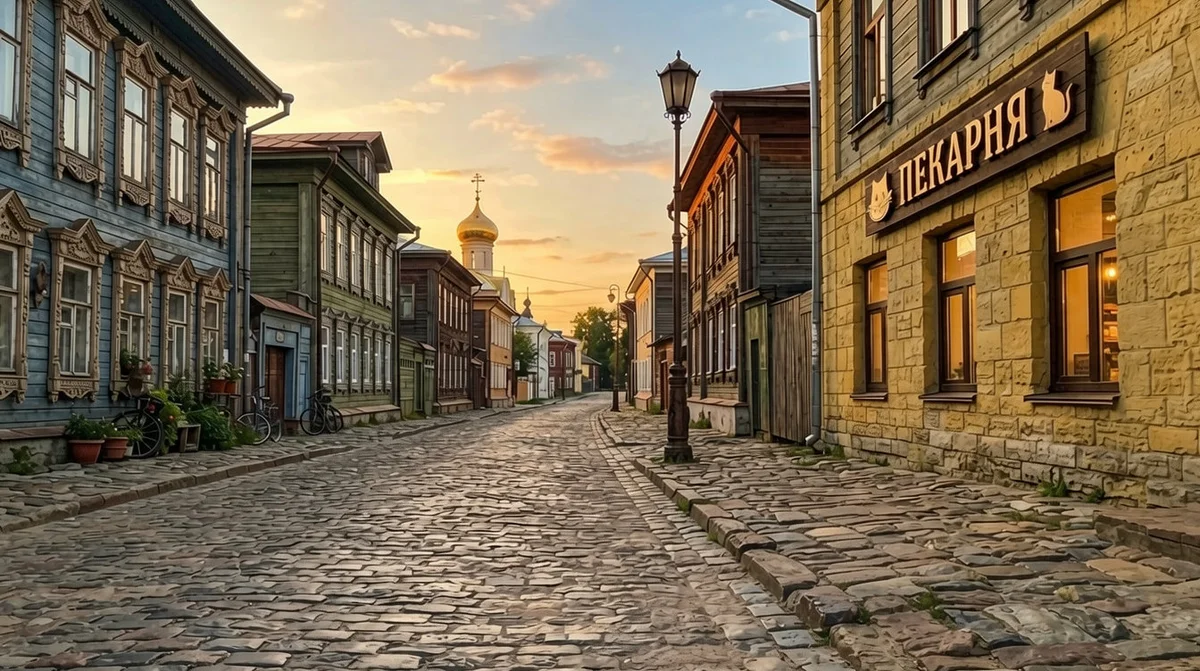 Та же улица на закате, кота на тротуаре нет, на его месте ровная брусчатка