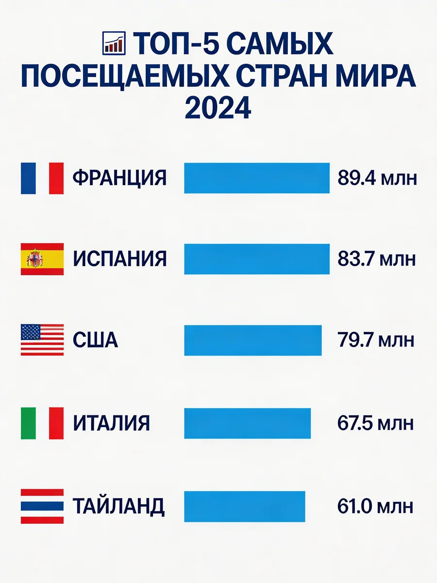 Инфографика о пяти самых посещаемых странах с флагами и синими полосами, числа туристов устаревшие