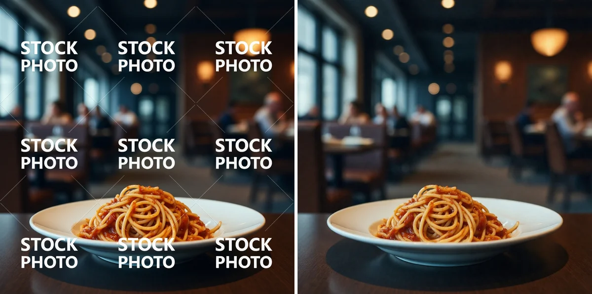 Тарелка пасты с рядами надписей STOCK PHOTO и та же тарелка без надписей