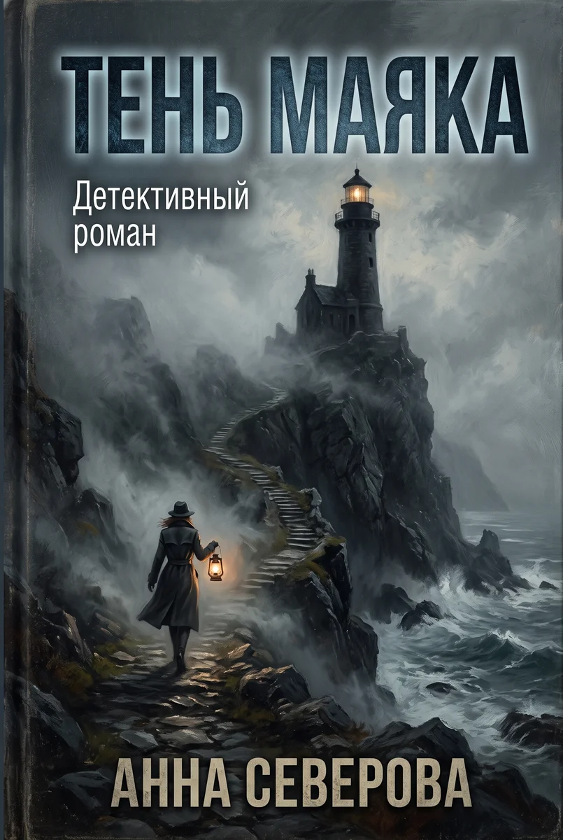 Живописная обложка «Тень маяка»: человек в плаще с фонарём идёт по каменной лестнице к маяку в тумане