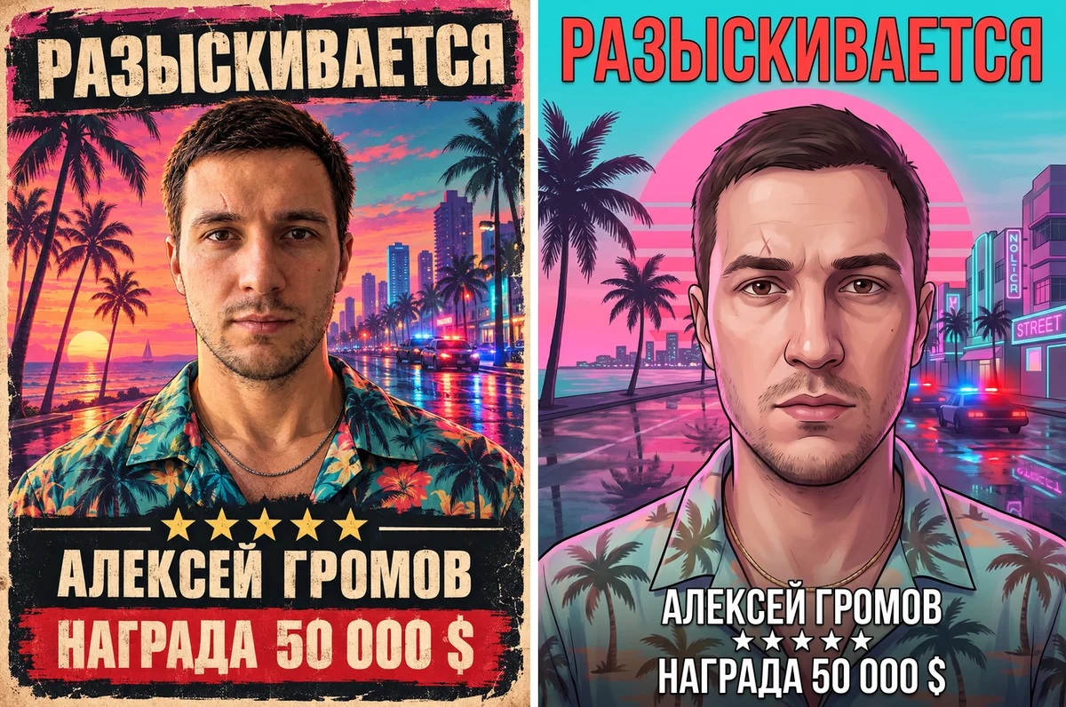 Два постера «Разыскивается» с одним героем: слева почти фотографическое лицо, справа рисованный арт