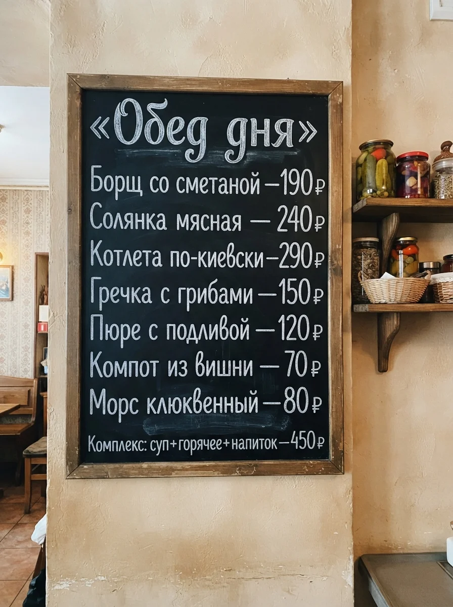 Меловая доска «Обед дня» с ровными строками, заголовок в кавычках-ёлочках