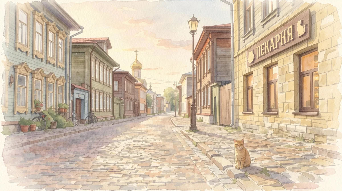 Та же улица с котом и вывеской пекарни, перерисованная акварелью с карандашным контуром