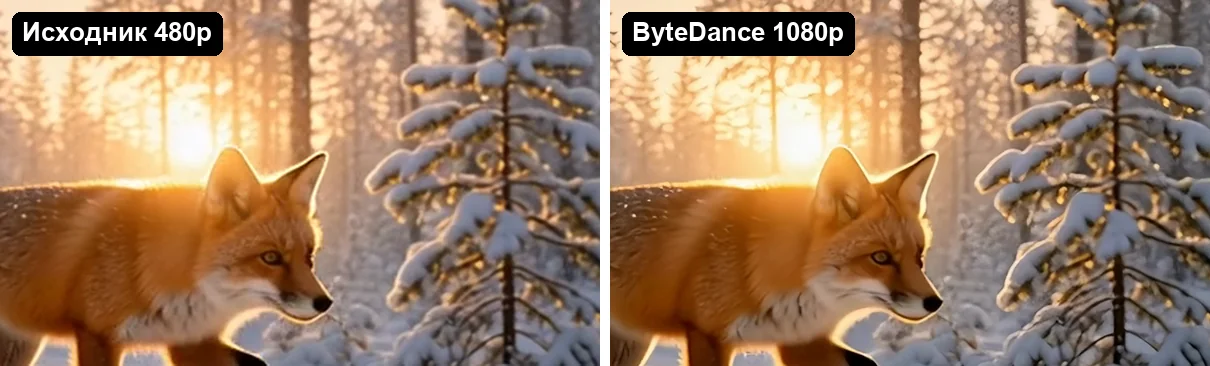Лиса в зимнем лесу: слева исходник 480p, справа ByteDance 1080p с более чёткой шерстью