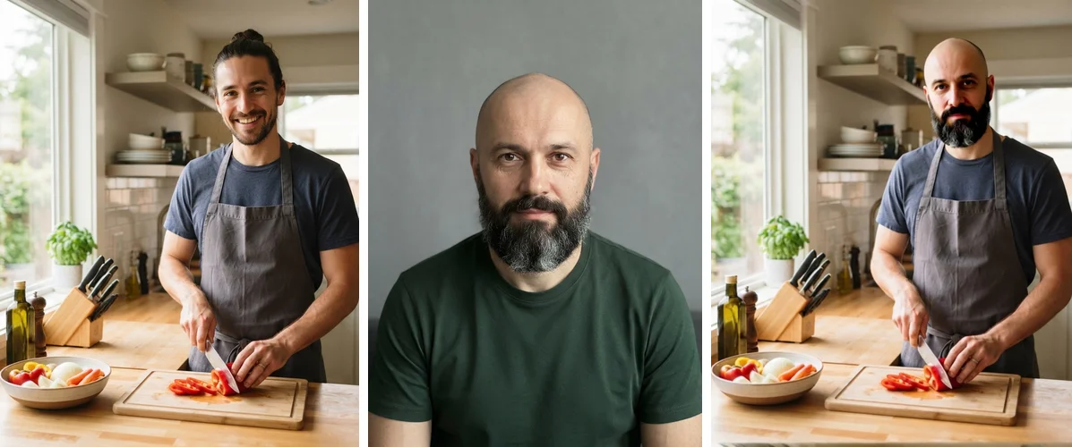 Повар с пучком на кухне, портрет лысого бородача и тот же повар с лысой головой и бородой