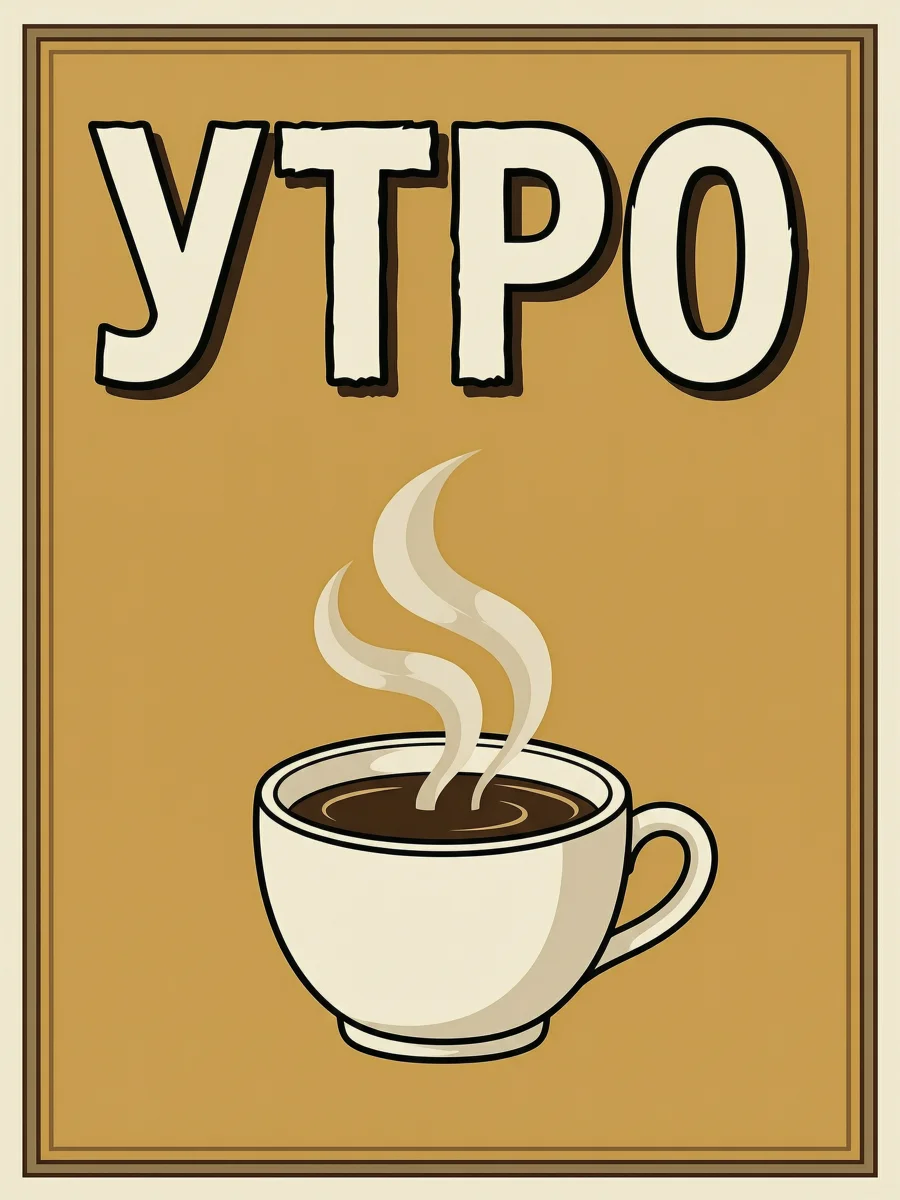 Ретро-постер с крупным словом «УТРО» и чашкой кофе на охристом фоне