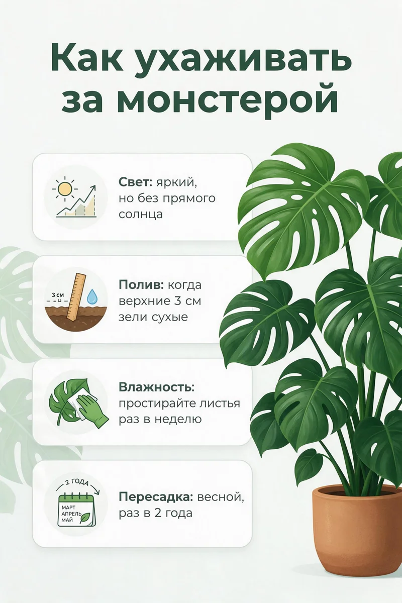 Памятка от Pro: четыре карточки с подробными иконками и монстера в терракотовом горшке