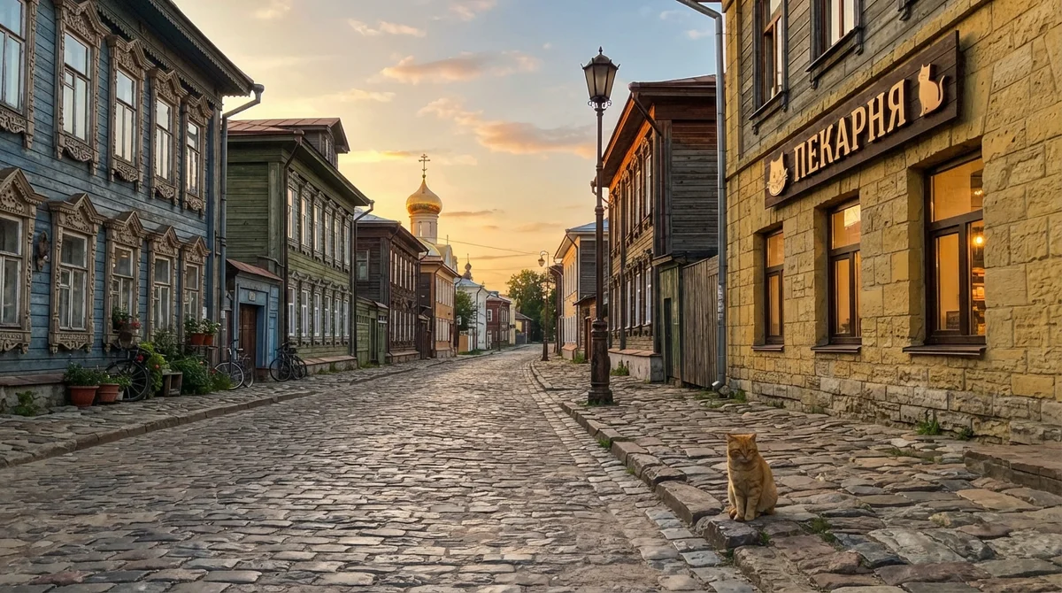 Мощёная улица старого городка на закате, деревянные дома, вывеска «ПЕКАРНЯ» и рыжий кот на тротуаре