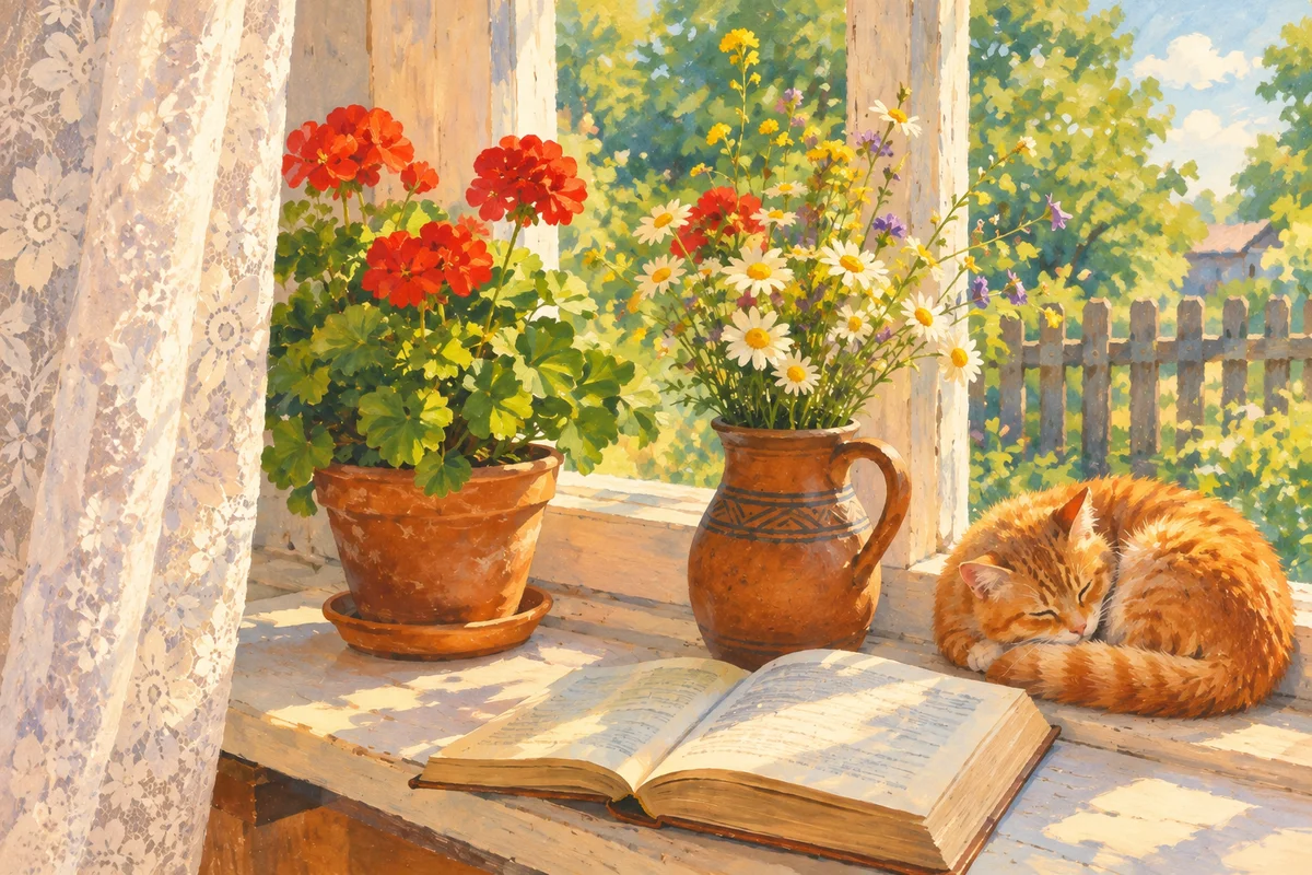Подоконник с котом, геранью и ромашками, нарисованный широкими мазками краски