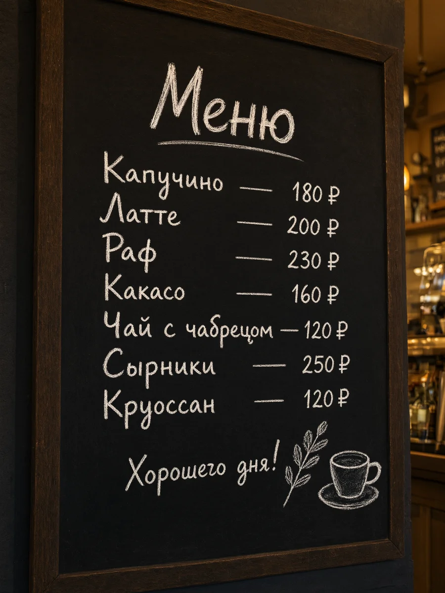 Меню на доске с ошибками в словах «какао» и «круассан», Qwen Image 3.0
