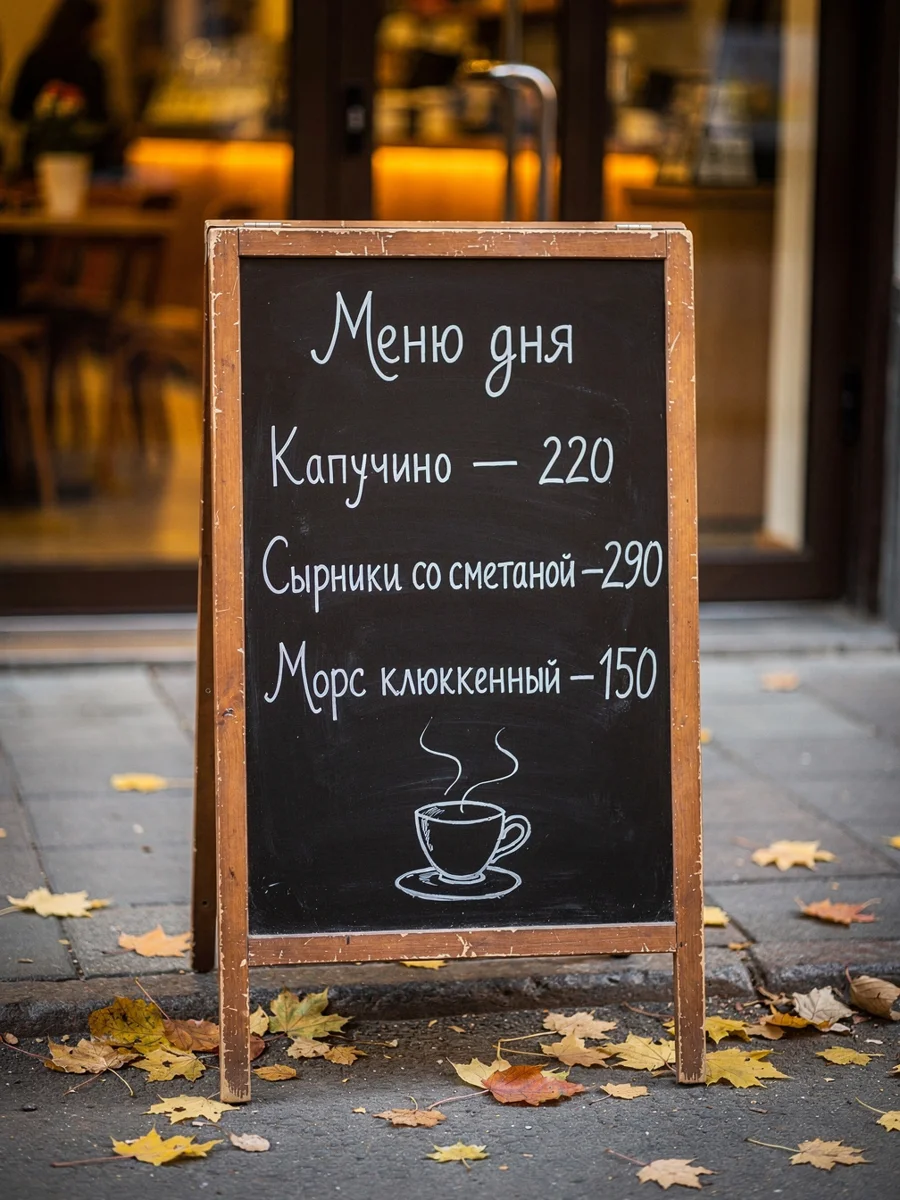 Меловая доска с меню дня, в слове «клюквенный» одна буква латинская