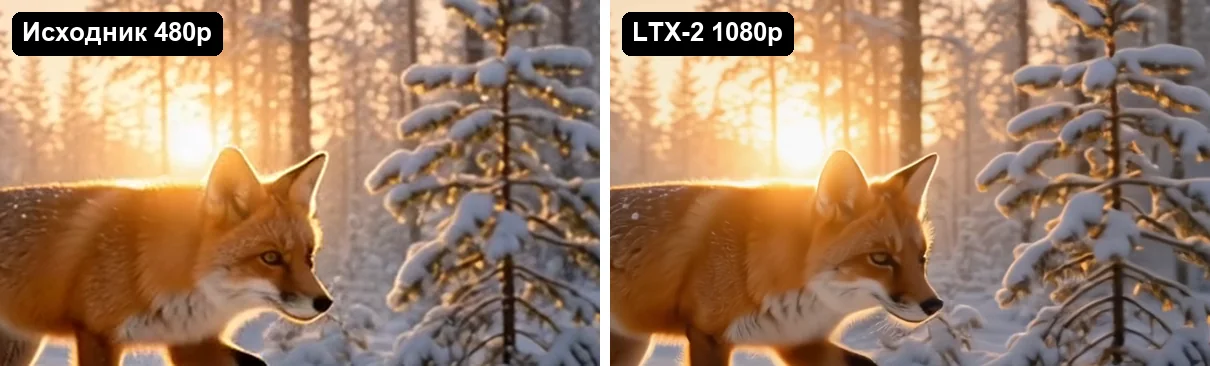 Лиса в зимнем лесу: слева исходник 480p, справа LTX-2 1080p с дорисованной шерстью и более контрастным светом