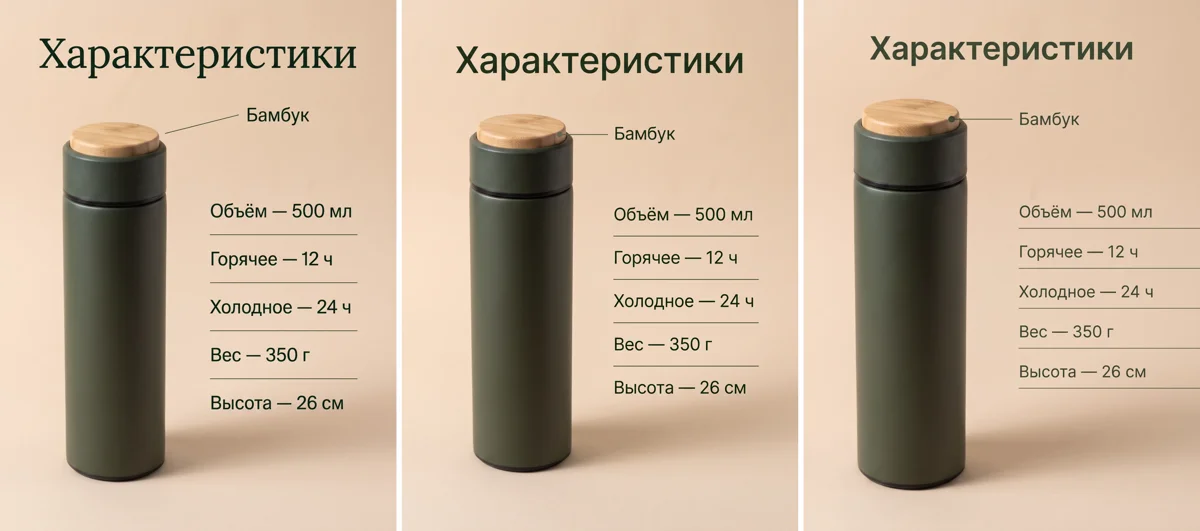 Карточка с характеристиками термоса: объём, время, вес и высота