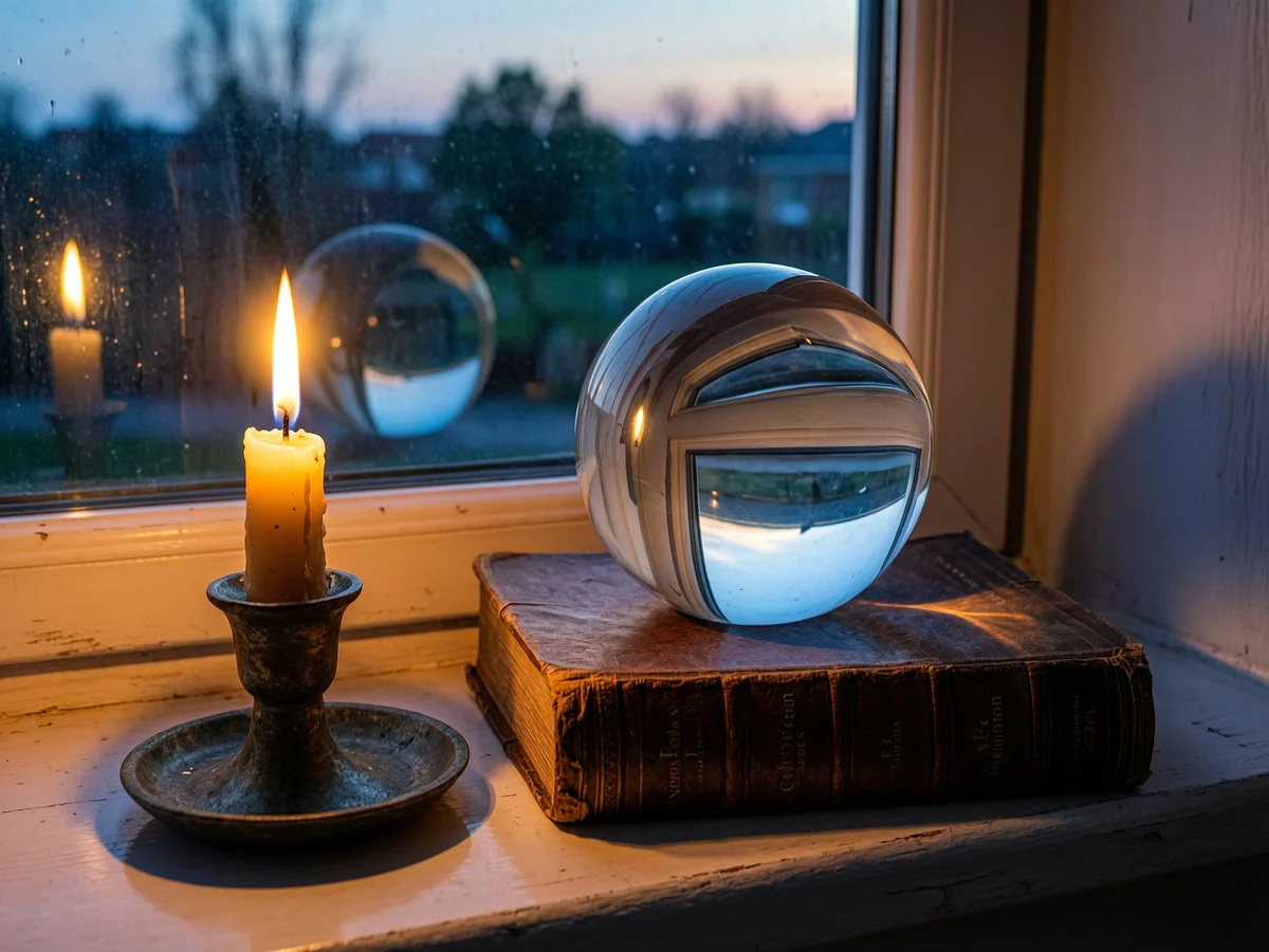 Свеча в подсвечнике и шар на старой книге, в шаре перевёрнутый вид за окном