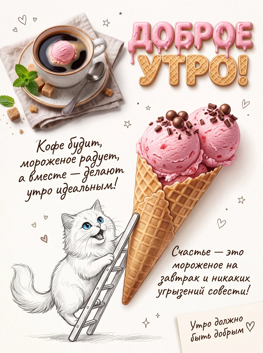 Открытка «Доброе утро!» с кофе, мороженым и котом на лестнице