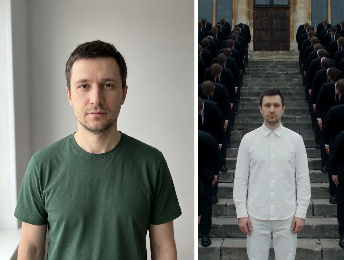 Слева исходное фото мужчины в зелёной футболке, справа он же в белом в центре толпы на лестнице