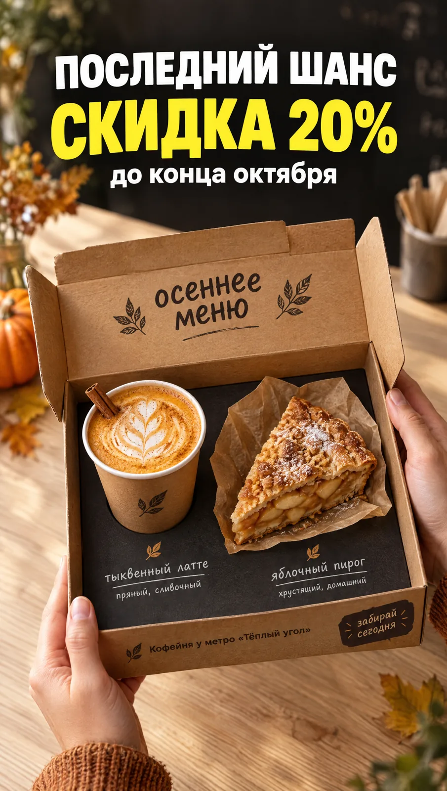Руки держат коробку с латте и пирогом, заголовок «Последний шанс. Скидка 20%»