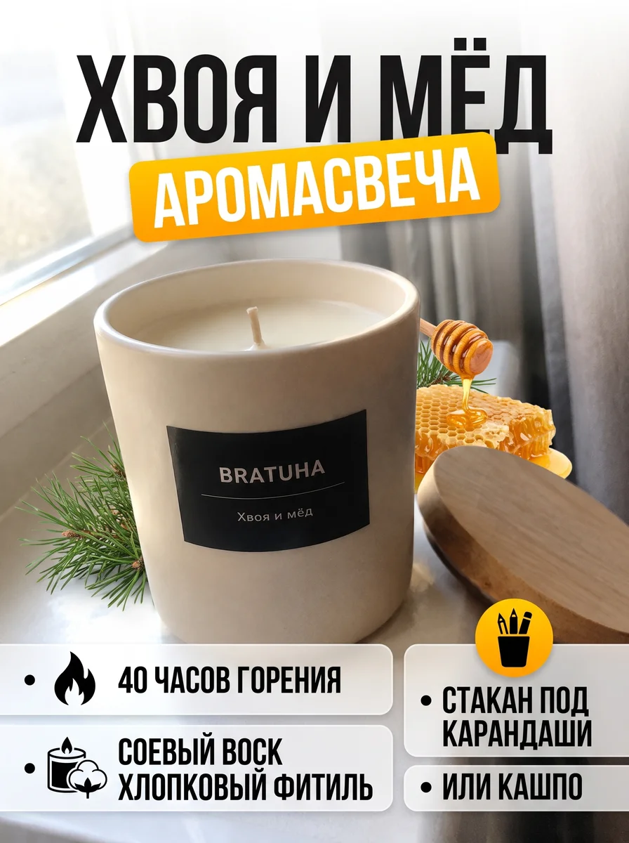 Карточка свечи на подоконнике с мёдом и хвоей, крупный заголовок «Хвоя и мёд»