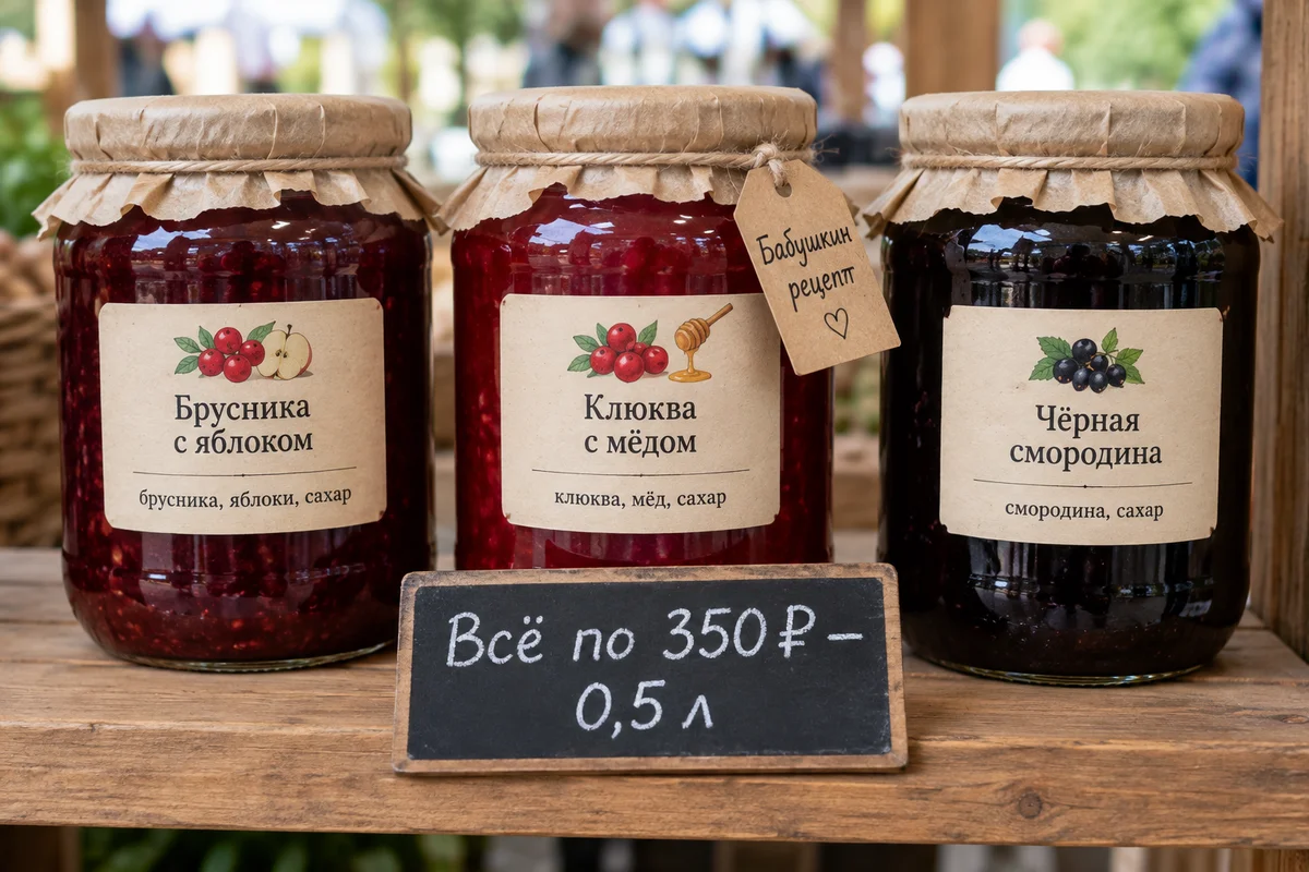 Три банки варенья с этикетками, на брусничной нарисовано яблоко, на клюквенной ложка мёда, доска с ценой в две строки