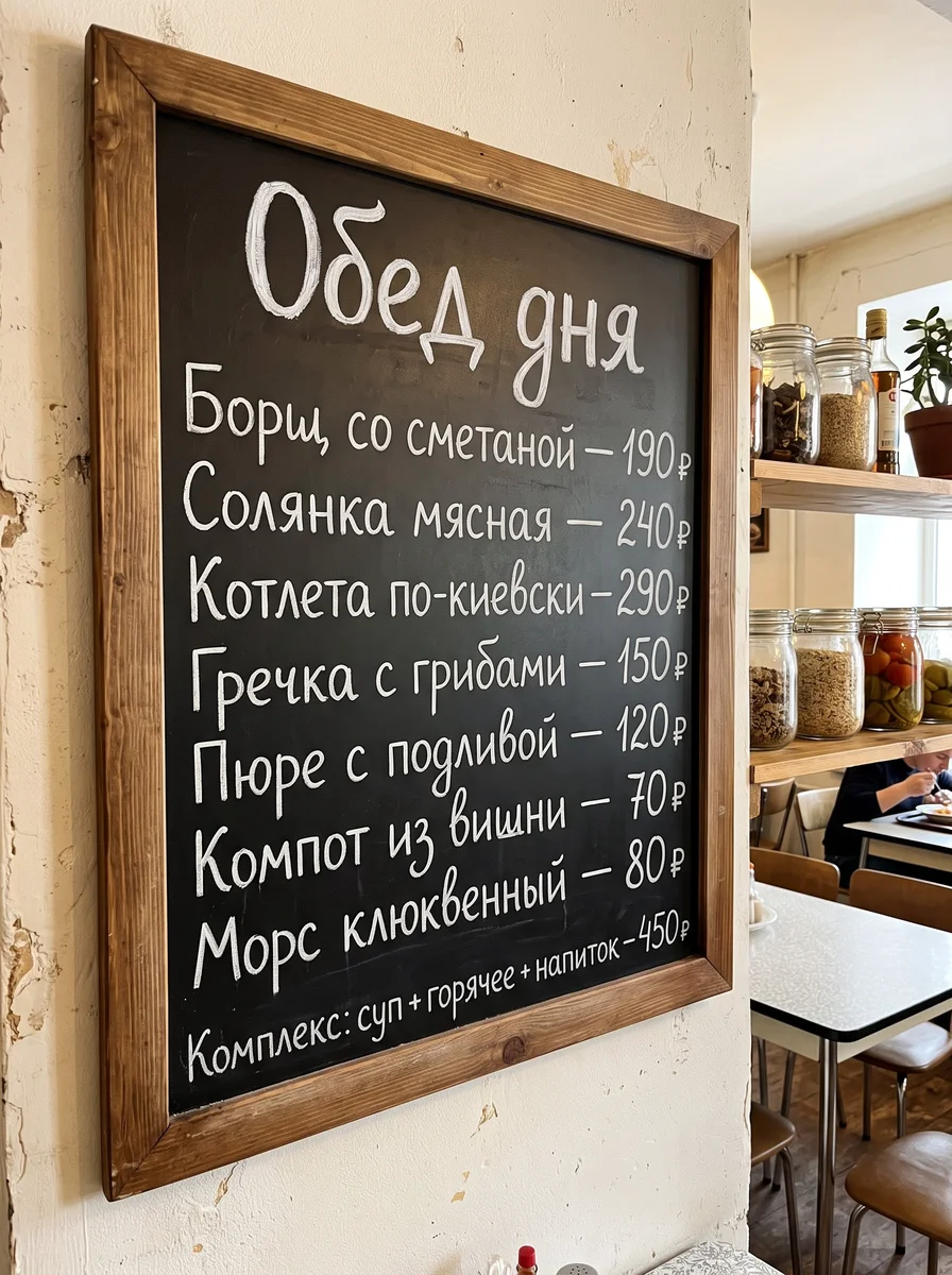 Меловая доска «Обед дня», снятая под углом, строки написаны от руки