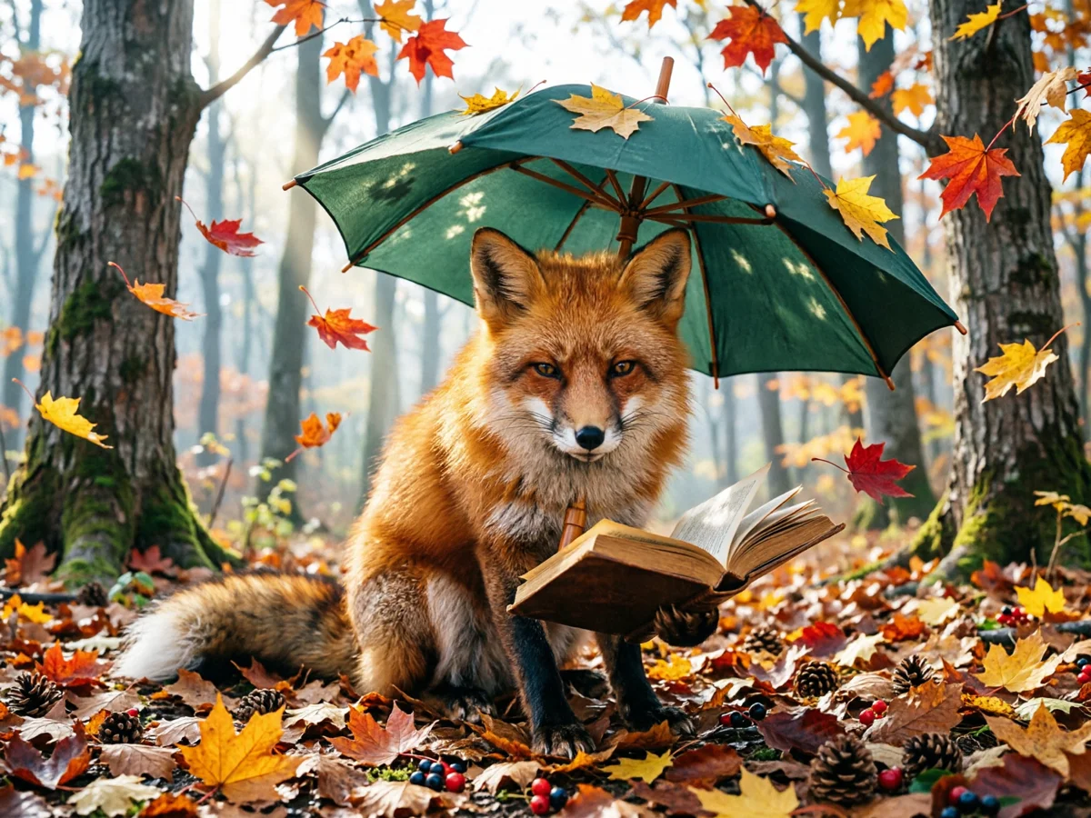 Настоящая лиса сидит с книгой под зелёным зонтом, вокруг падают кленовые листья, на земле шишки и ягоды