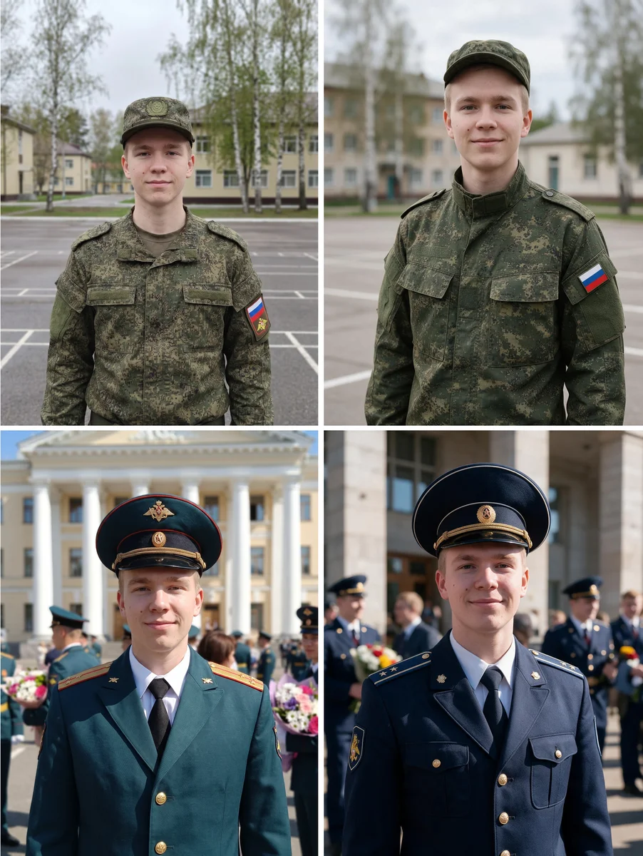 Парень в полевой форме на плацу и в парадной форме лейтенанта у училища, по две версии от двух нейросетей