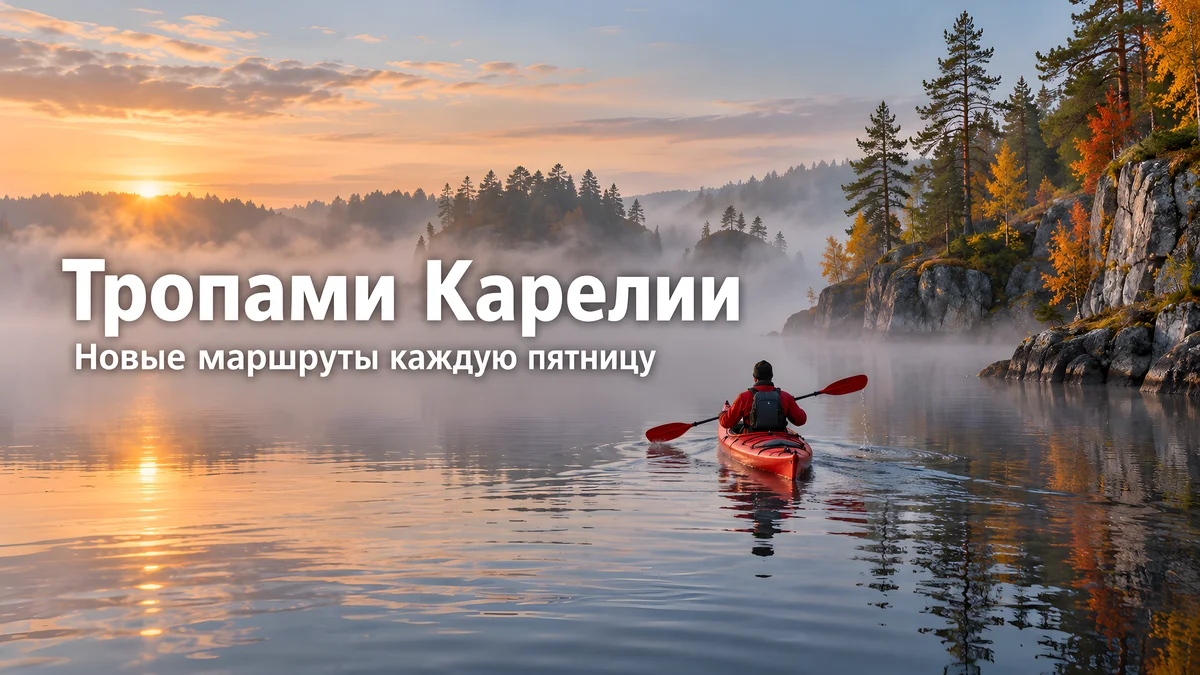 Шапка канала: туманное озеро на рассвете, красная байдарка и надпись «Тропами Карелии»