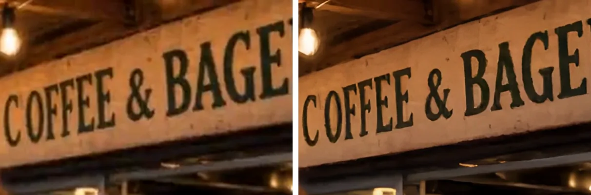 Вывеска COFFEE & BAGELS до и после: справа контуры букв чище, фактура доски видна лучше