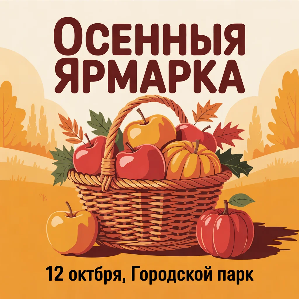 Плоская афиша с корзиной яблок и тыкв, заголовок с ошибкой «Осенныя ярмарка», внизу «12 октбря, Городской парк»