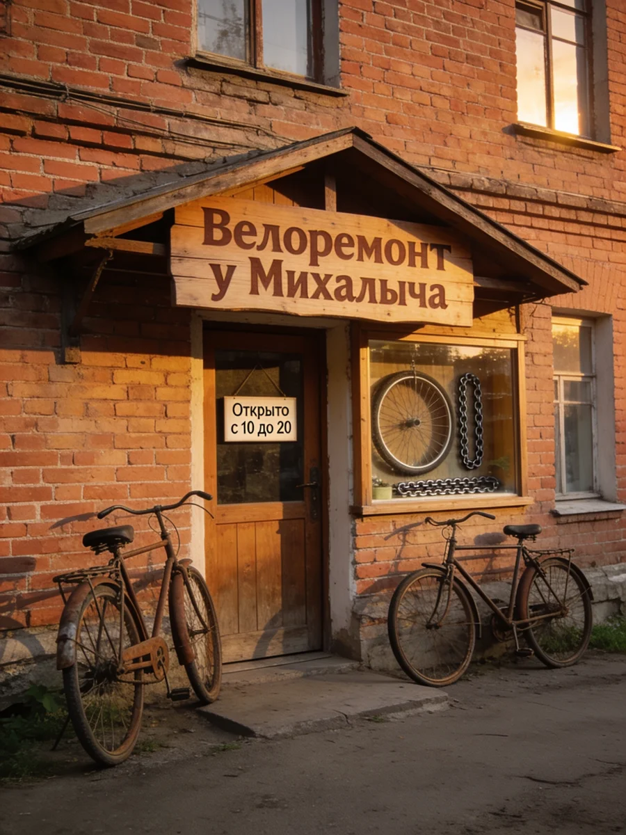 Та же мастерская у Seedream 4.5: вывеска под двускатным козырьком, велосипеды по обе стороны двери