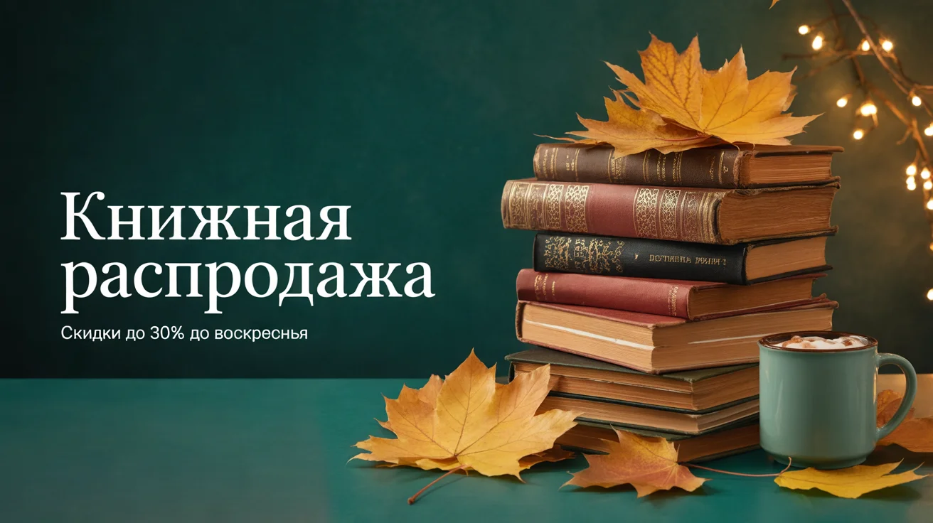 Баннер 16:9 на тёмно-зелёном фоне: стопка старых книг, кленовые листья, кружка какао и надпись «Книжная распродажа»