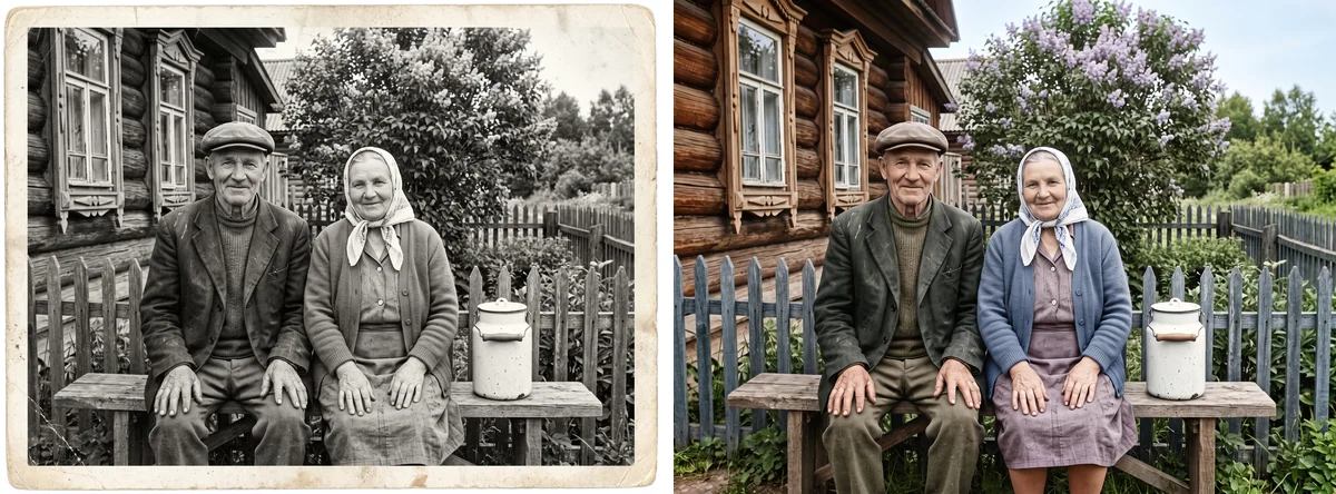 Слева чёрно-белое фото пожилой пары на скамейке у дома, справа то же фото в цвете, с лиловой сиренью