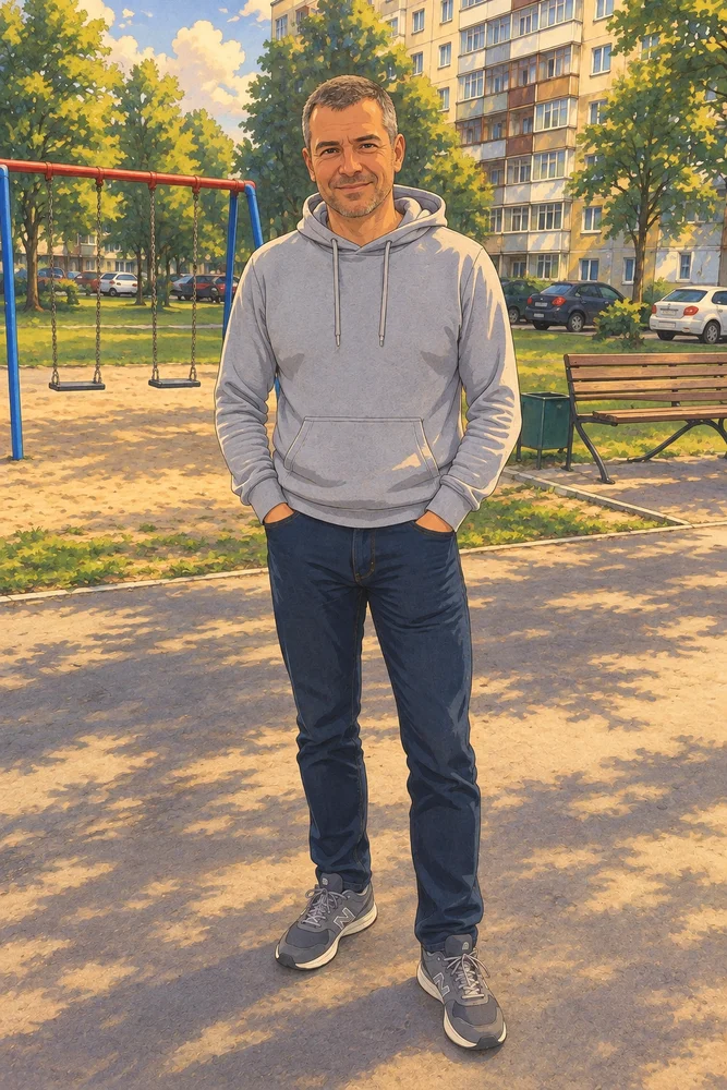 Тот же мужчина во дворе, перерисованный в GPT Image 2: почти фото с мягкой живописной обработкой