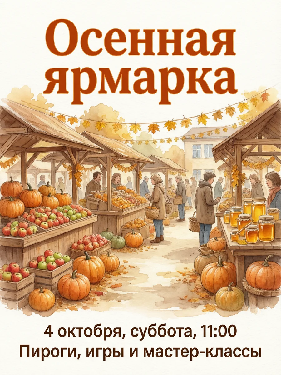 Яркая афиша с рыжим заголовком и рядами тыкв