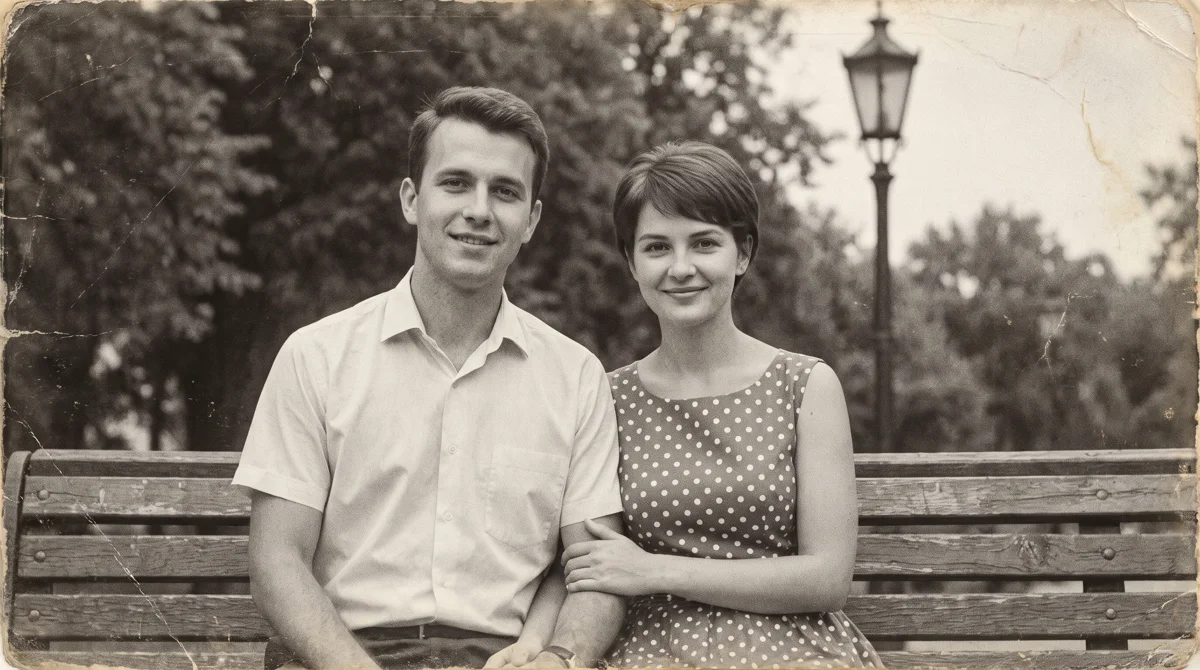 Чёрно-белое фото пары 1960-х на скамейке в парке, исходник для оживления