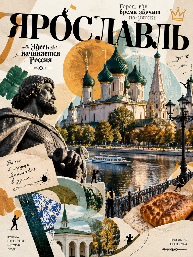 Постер-коллаж «Ярославль»: храм с зелёными куполами, памятник, теплоход на Волге и надписи старинным шрифтом