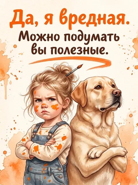 Юмористическая открытка с парной иллюстрацией человека и питомца + типографика