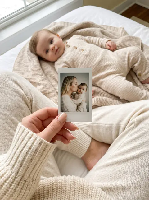 Фото на Palaroid на фоне младенца
