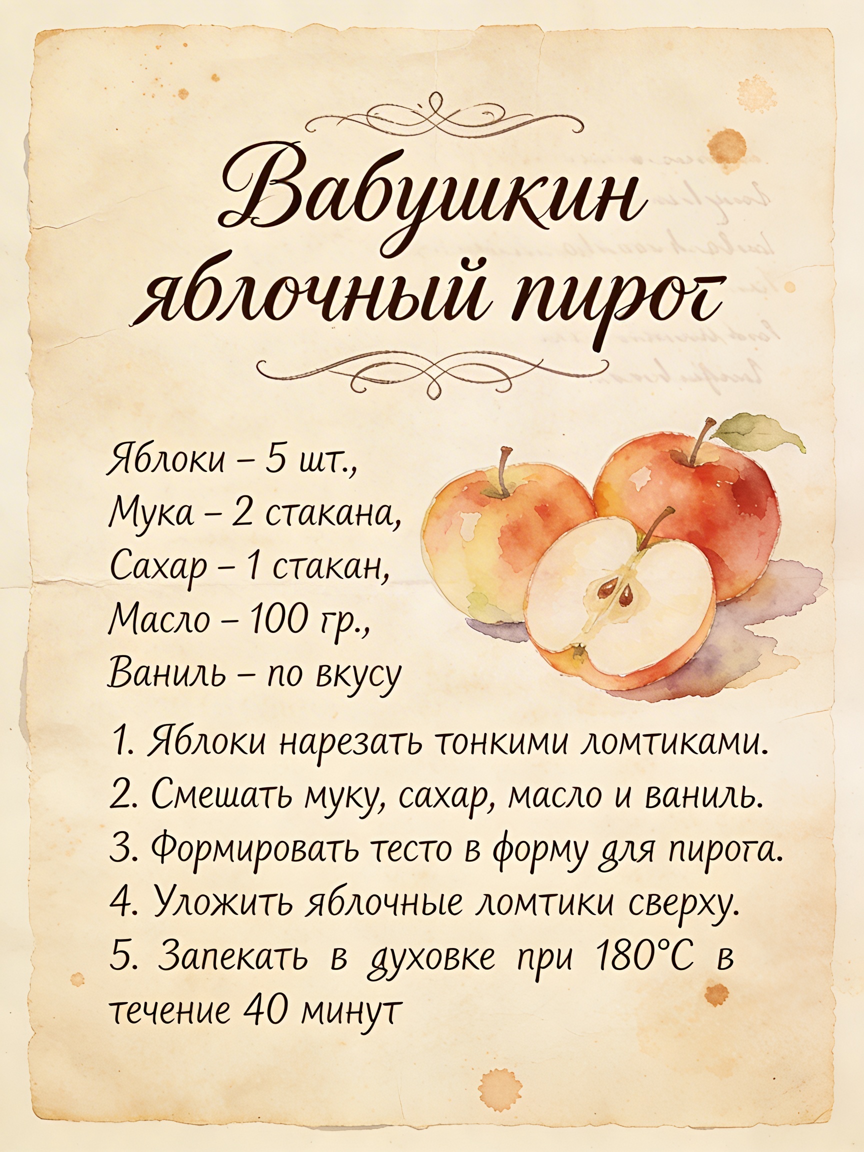 Старинная рецептурная карточка яблочного пирога с акварельными яблоками, в заголовке ошибка