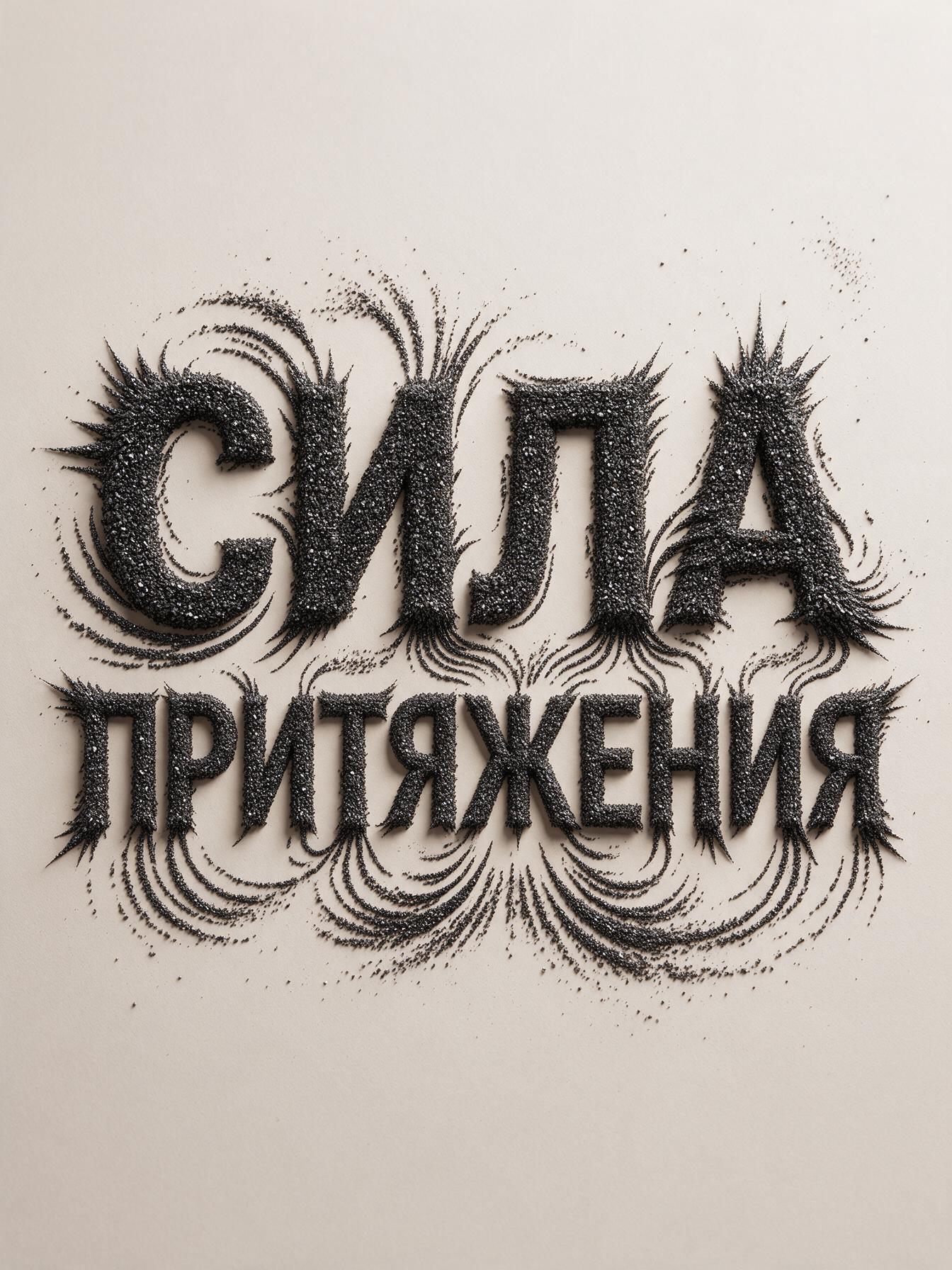 Надпись «Сила притяжения» из чёрной металлической стружки с силовыми линиями на светлом фоне