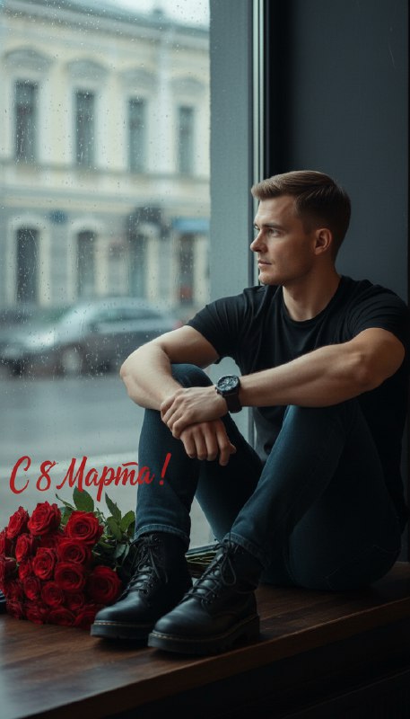 Мужчина с розами у окна