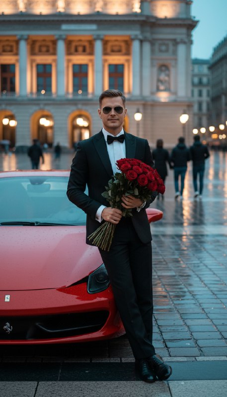 Мужчина с розами у Ferrari
